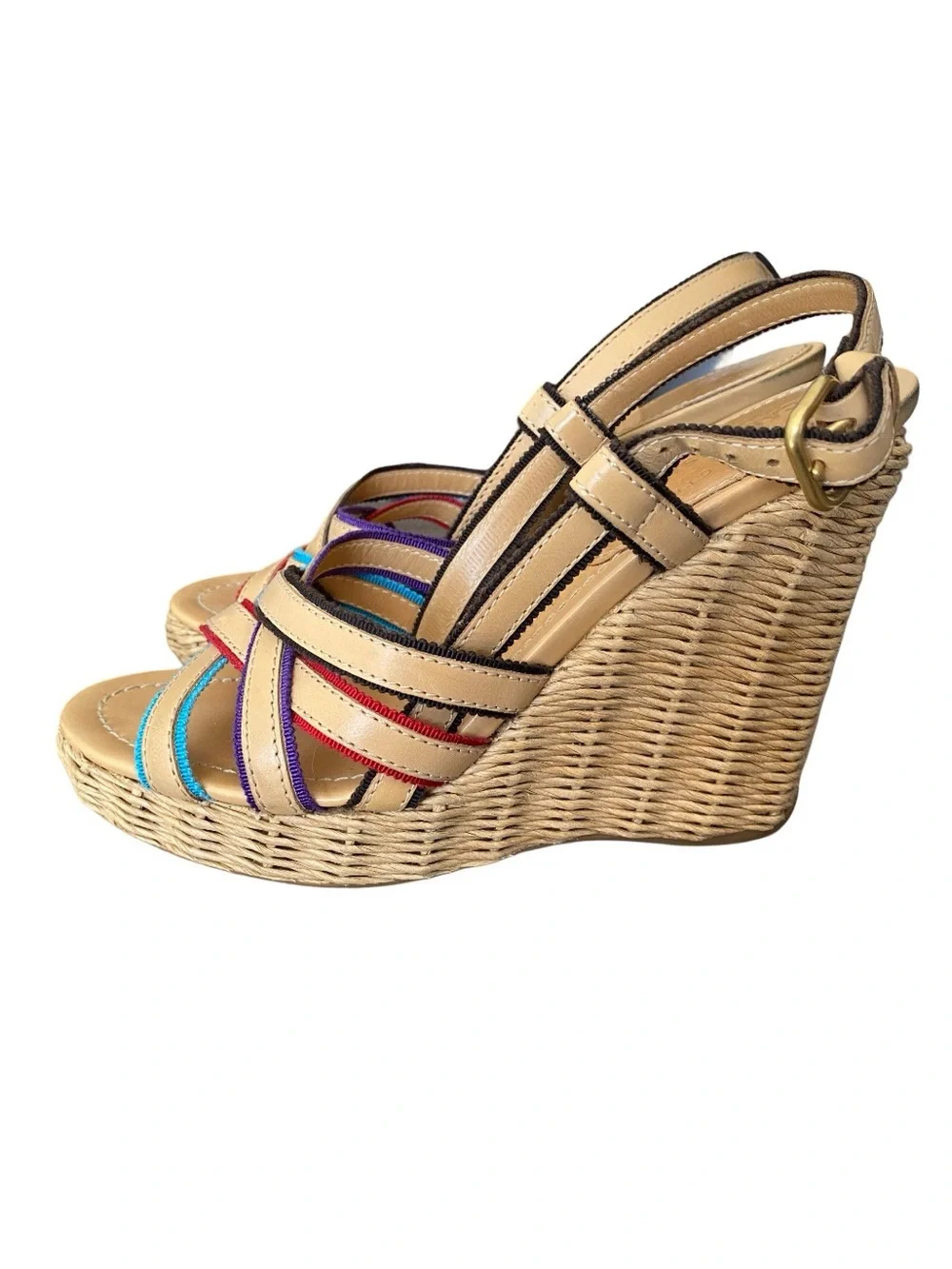 Prada The Original Car Shoe Tan Leather Braided Straw Woven Heel Sandal 37 US 7 - Picture 1 of 10